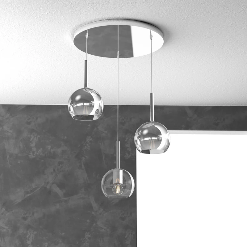 Lampadario tre luci cucina moderna sfere vetro base rotonda cromo - immagine 8